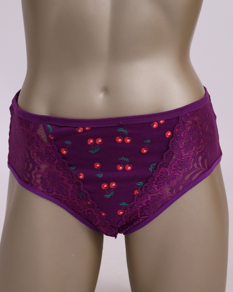 Cotton Panties Front Perforated Lace With Cherry Print Daraghmeh