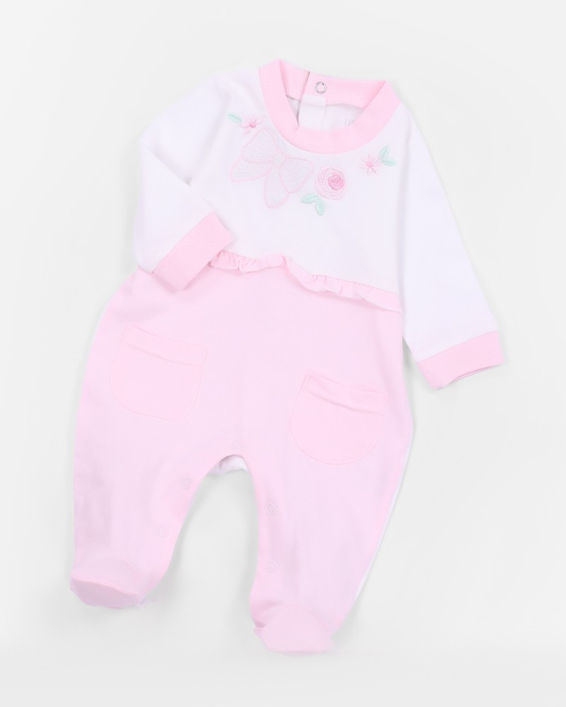 Baby Girls' Cotton Sleepsuit with Embroidered Bow and Flower
