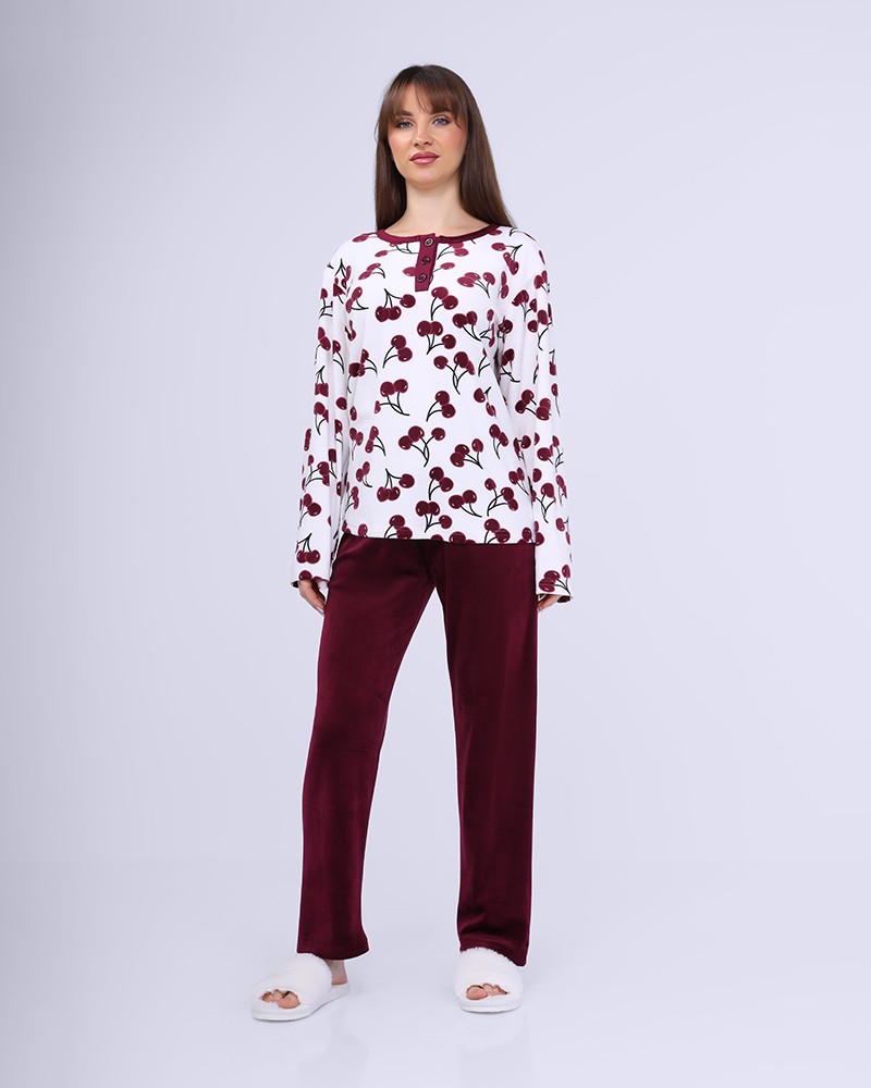 WOMEN’S CHERRY PRINT PYJAMA SET WITH PLAIN TROUSERS