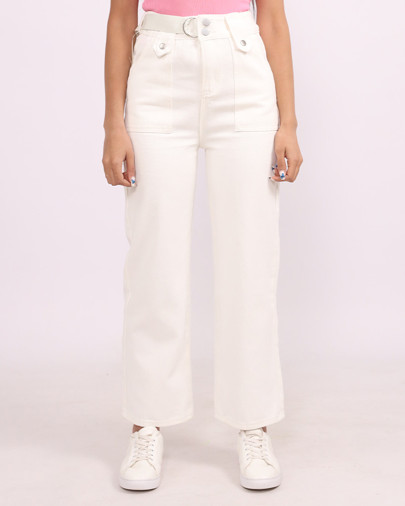 White Bootcut Jeans With Belt - Daraghmeh