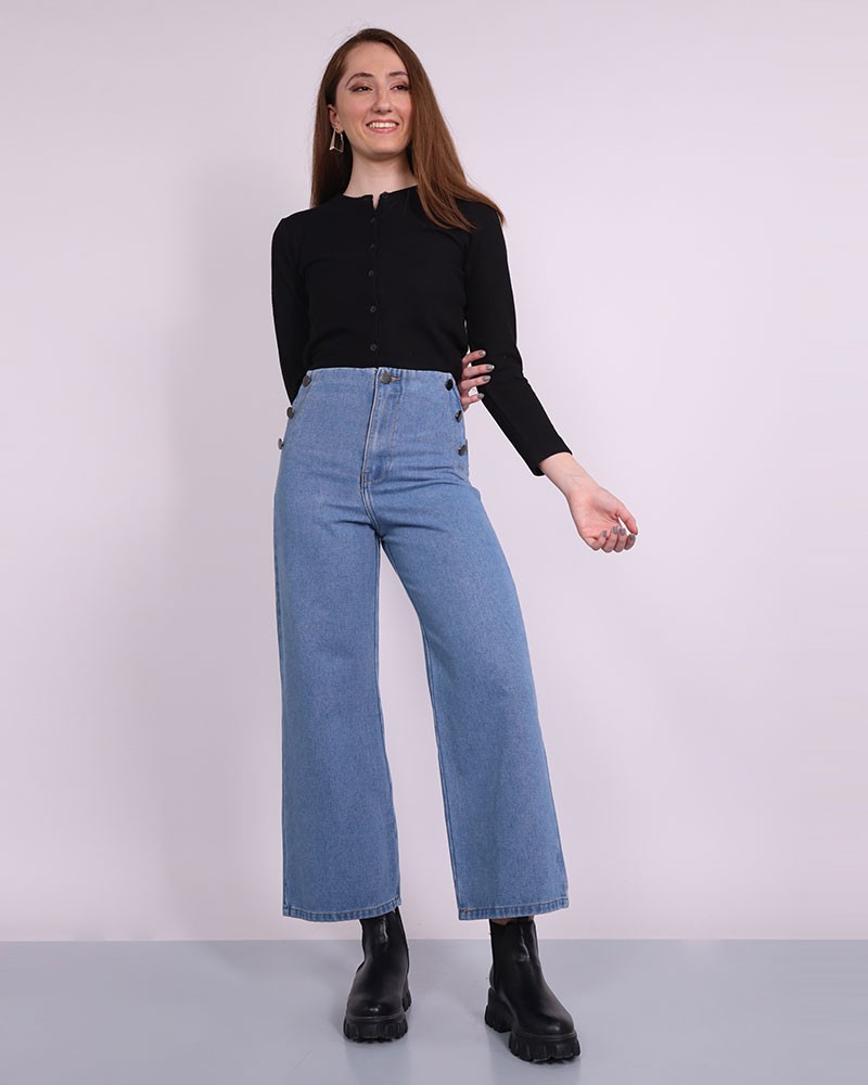 Light Blue Bootcut Jeans In Side Snaps Style - Daraghmeh