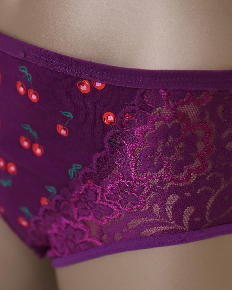 Cotton Panties Front Perforated Lace With Cherry Print Daraghmeh