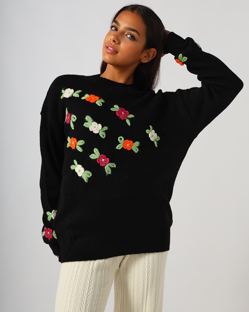 Knitted Floral Wool Blouse - Daraghmeh